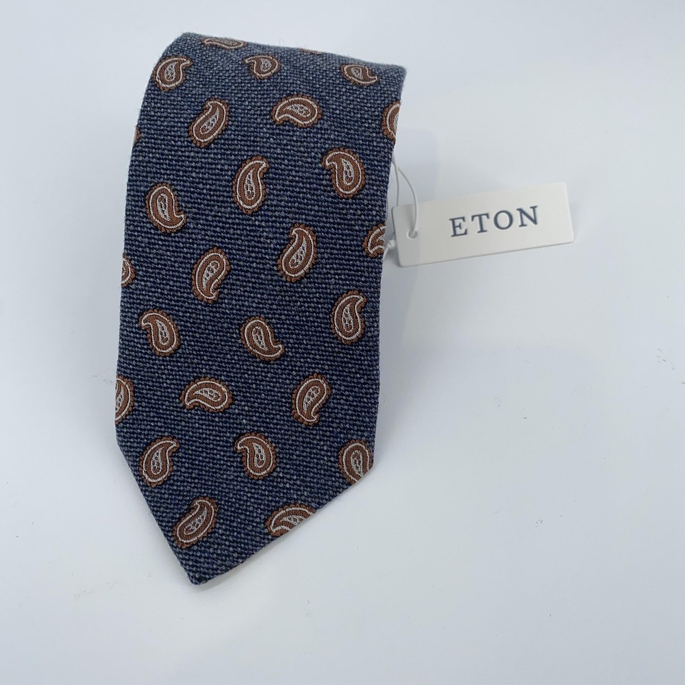 Eton Tie Mens Blue Brown Paisley Silk Wool Made In Italy Classic Necktie